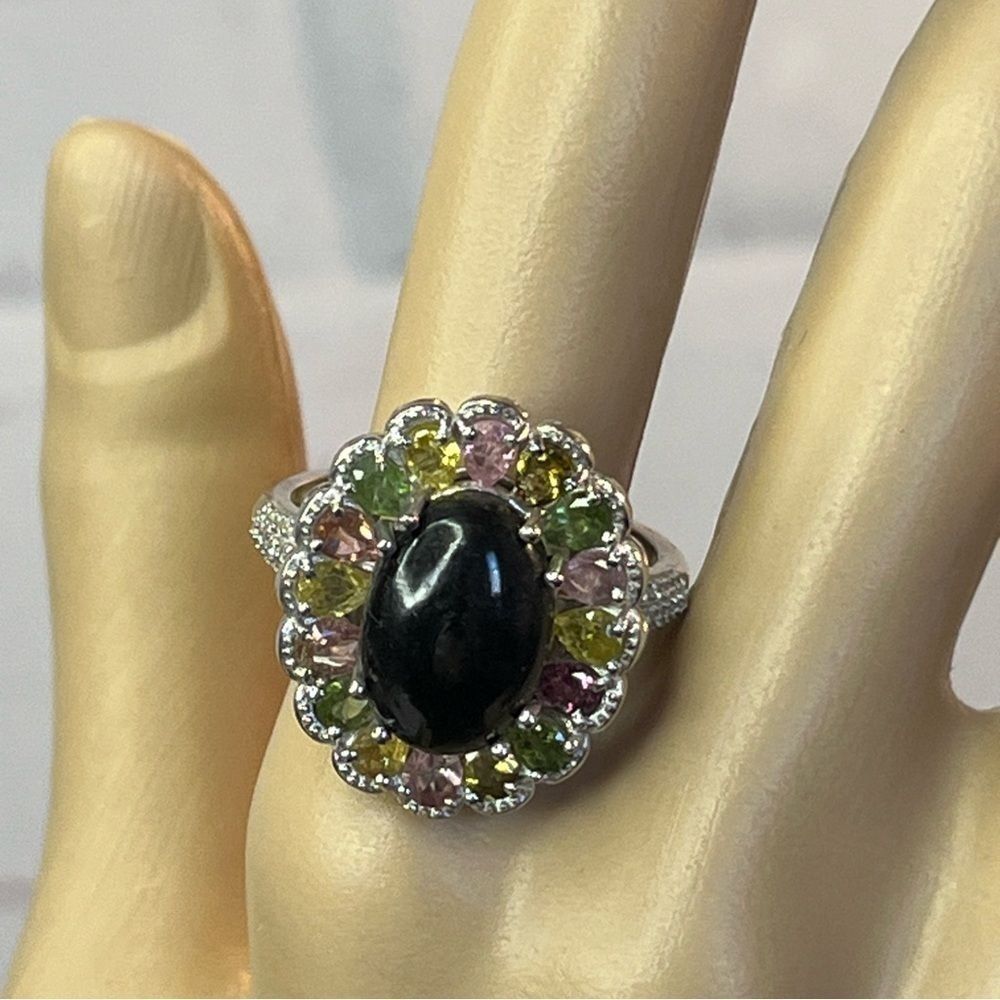 Black & Multi Color Tourmaline Natural Zircon Halo Platinum Sterling Silver Ring